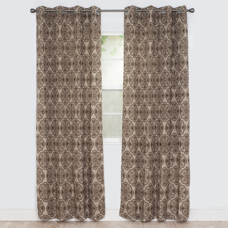 Panneau de rideau simple à oeillets semi-transparents avec oeillets floral damassé, Taupe, l 54 po x L 95 po