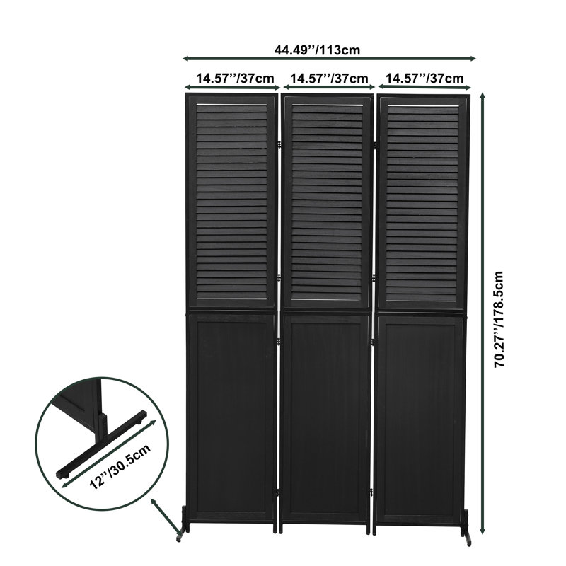Cloison 3 panneaux en bois, paravent pliable 6 pi, finition noire