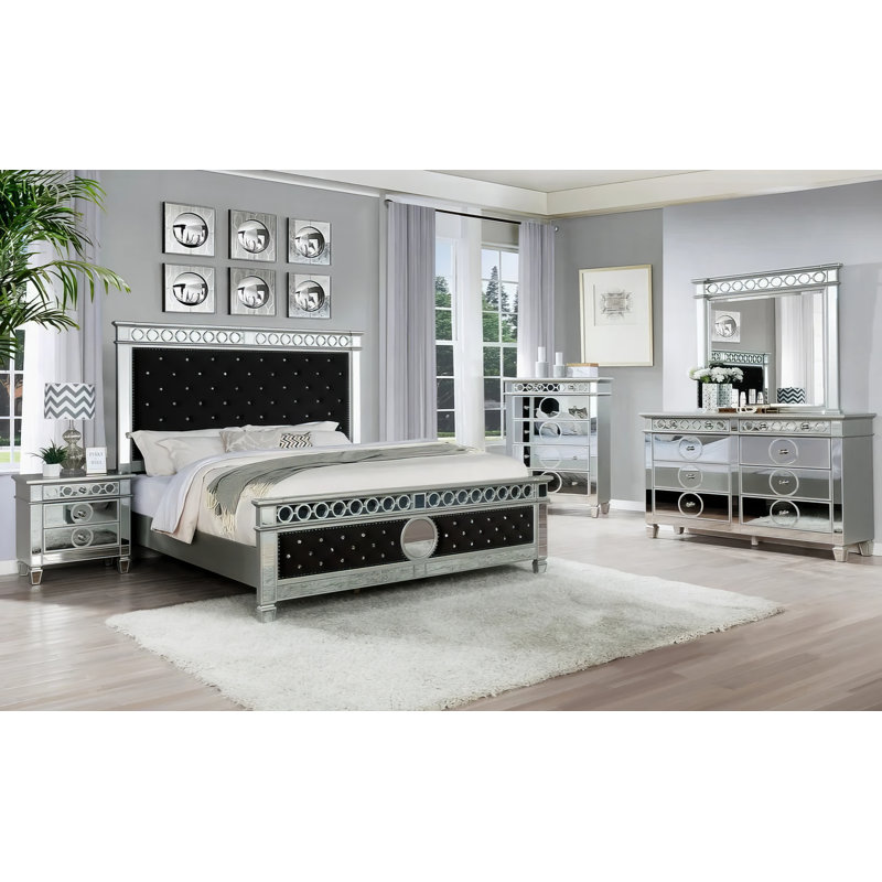 Ensemble de chambre à coucher noire 4 pièces Iskander, Noir / argent, Très grand