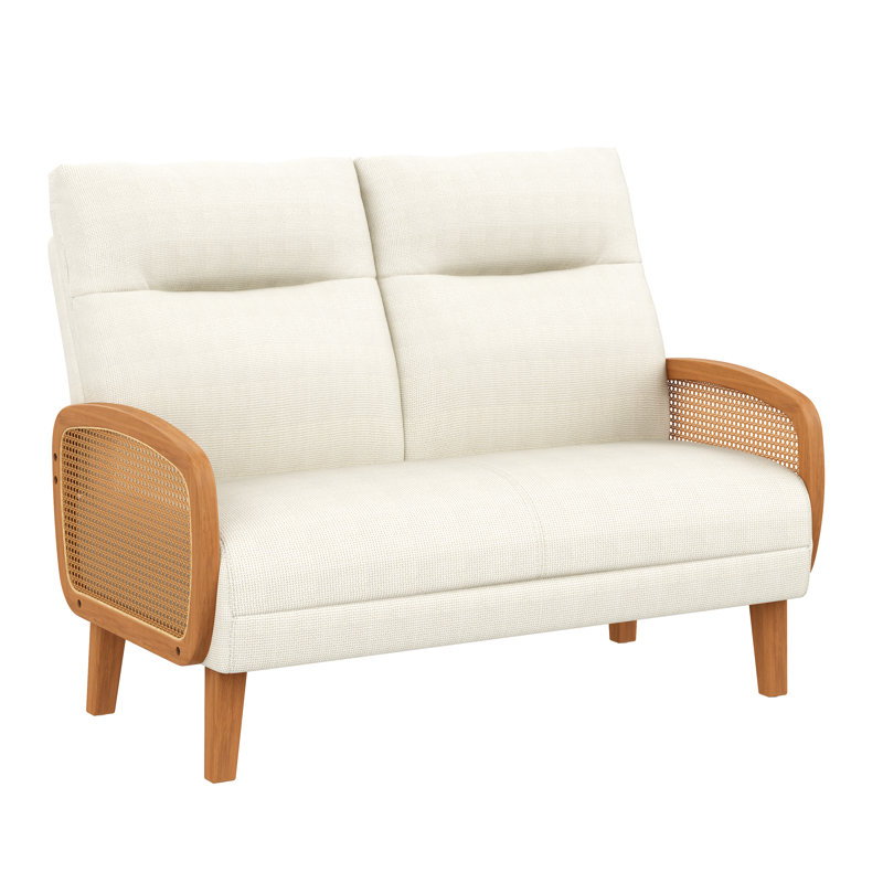 46.5" Upholstered Loveseat Sofa With Rattan Arms, Ivory