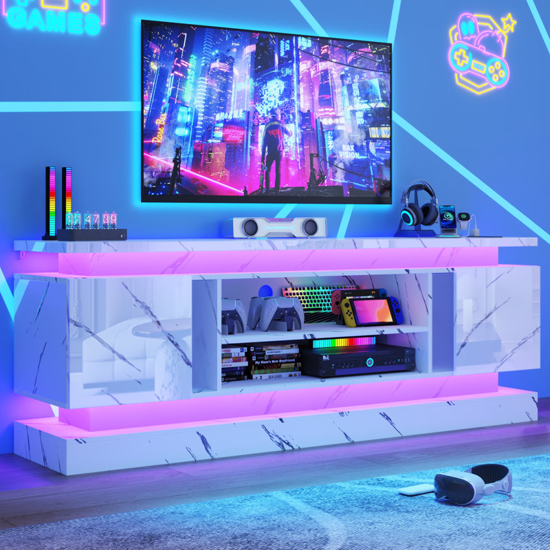 70" Modern Tv Stand With Led Lights & Built-In Power Outlet – High Gloss Media Console For Tvs Up To 80", Gaming Entertainment Center,  For Living Room,Bedroom