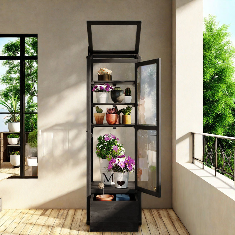 Black Fir Wood Garden Greenhouse with Adjustable Shelves and Storage Box