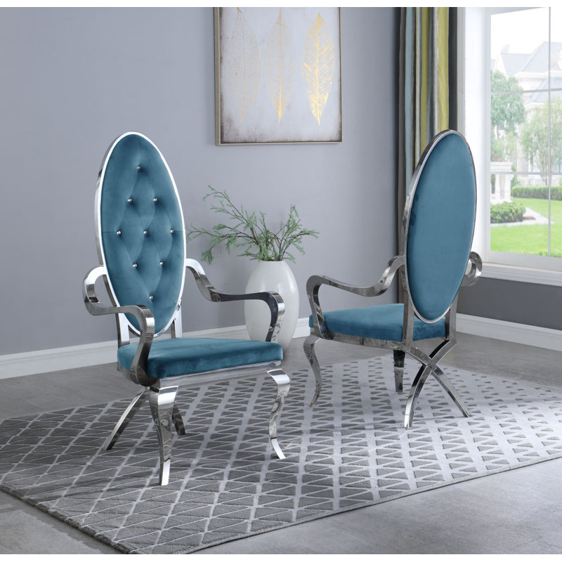 Tufted Velvet Upholstered Armchair, Silver, Teal Velvet