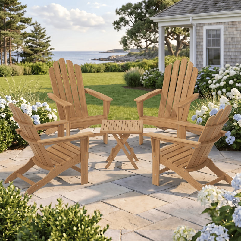 Teak Adirondack Chair Set with Table 5PCS, 1 Square Table + 4 Chairs