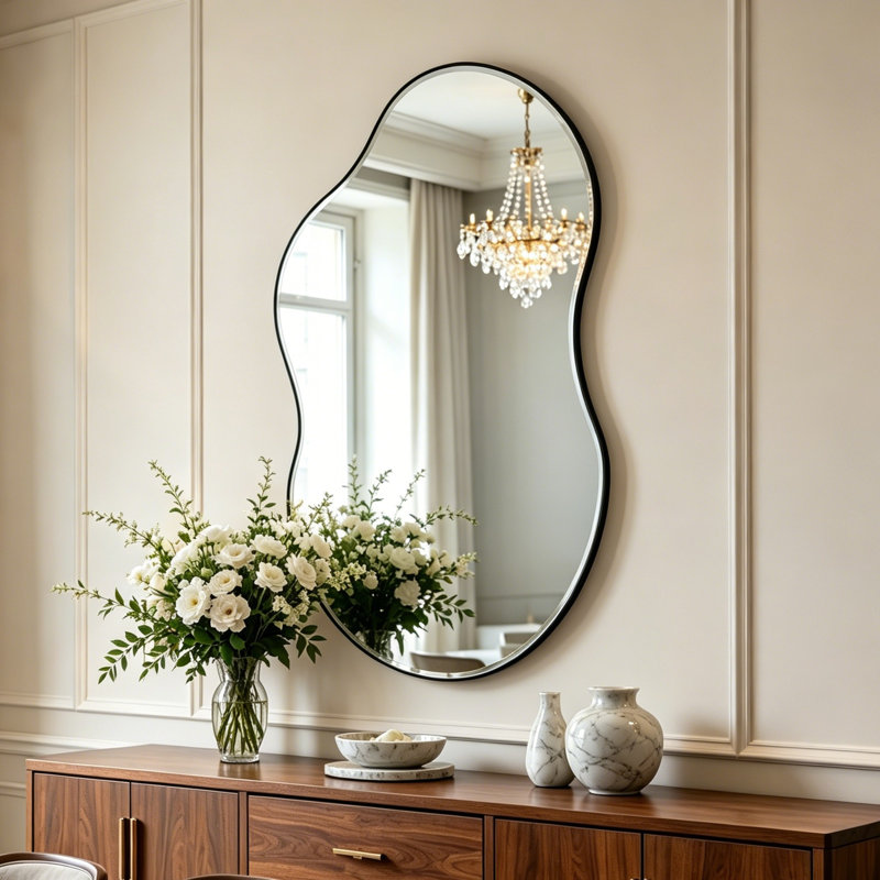 Asymmetrical Metal Wall Mirror, Black, 92cm H x 50cm W