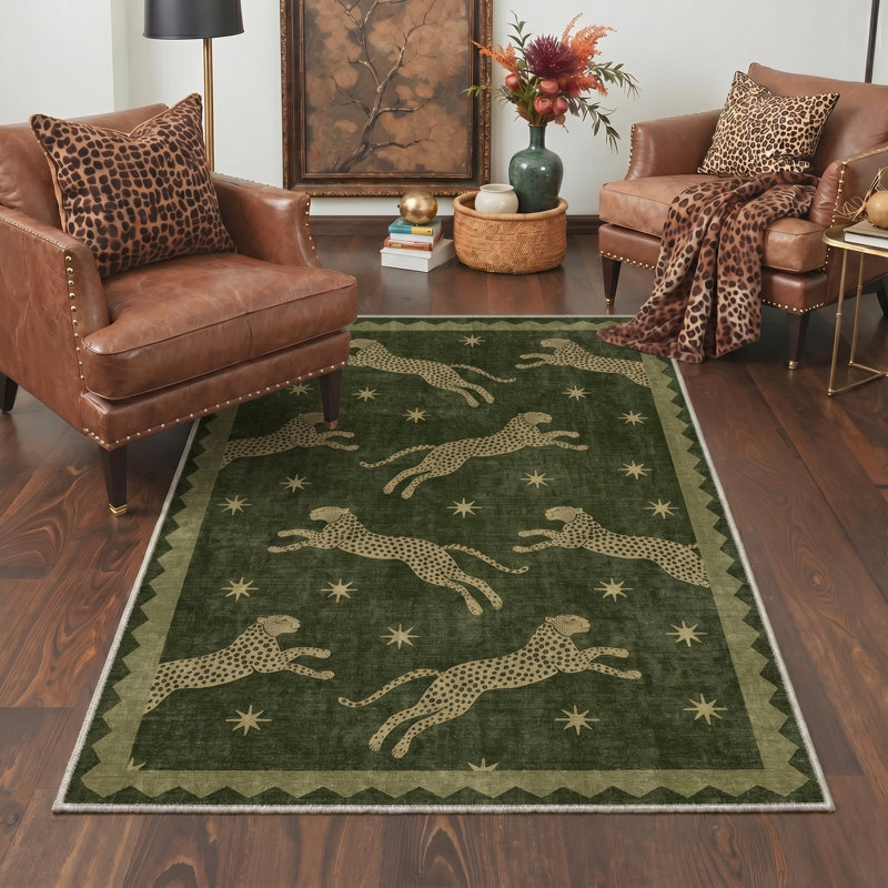 Cheetah Collection Animal Print Machine Washable Green / Beige Indoor Area Rug with Non-Slip Backing, Rectangle 8' x 10'