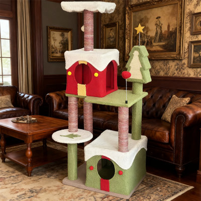 Arbre à chat de Noël de 54 pouces de hauteur avec une base stable et une haute tour souple pour chats de 54 pouces offrant un coffre-fort de divertissement à plusieurs niveaux
