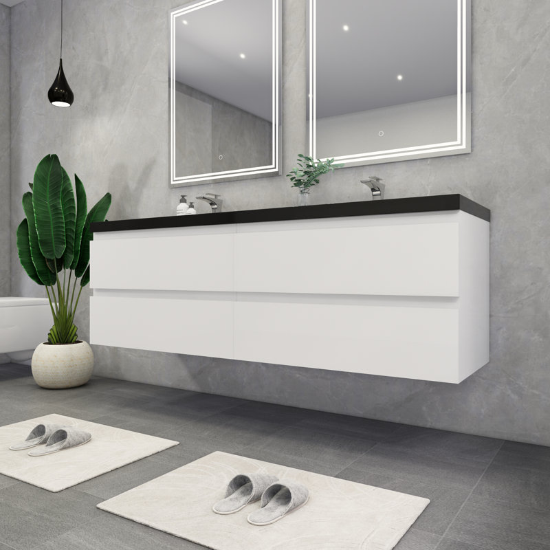 Ensemble de meuble-lavabo double mural 72 po Kirker, Blanc lustré