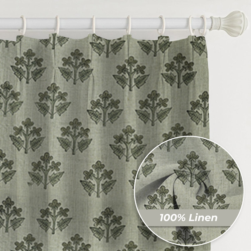 Fabdivine Thick Linen Curtain 27x72 Inches with Floral Block Print, Farmhouse Gray Pleated Pinch Drape for Living Room, Kitchen, Office, or Patio Blackout for Room Darkening, Chahat