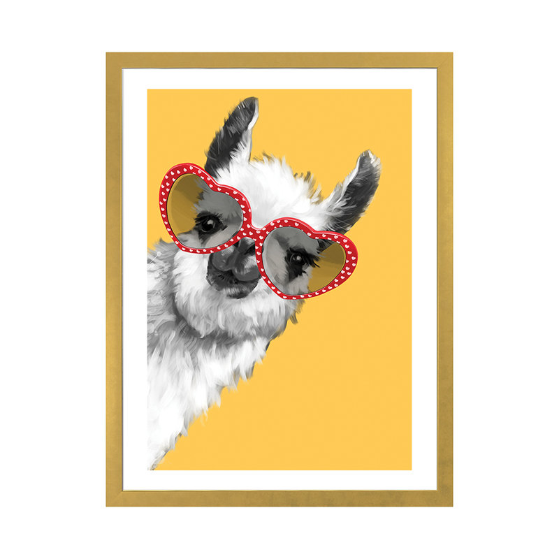 Art de llama mode avec verres à hipster, H 32 po x l 24 po x P 1 po, Papier encadré doré