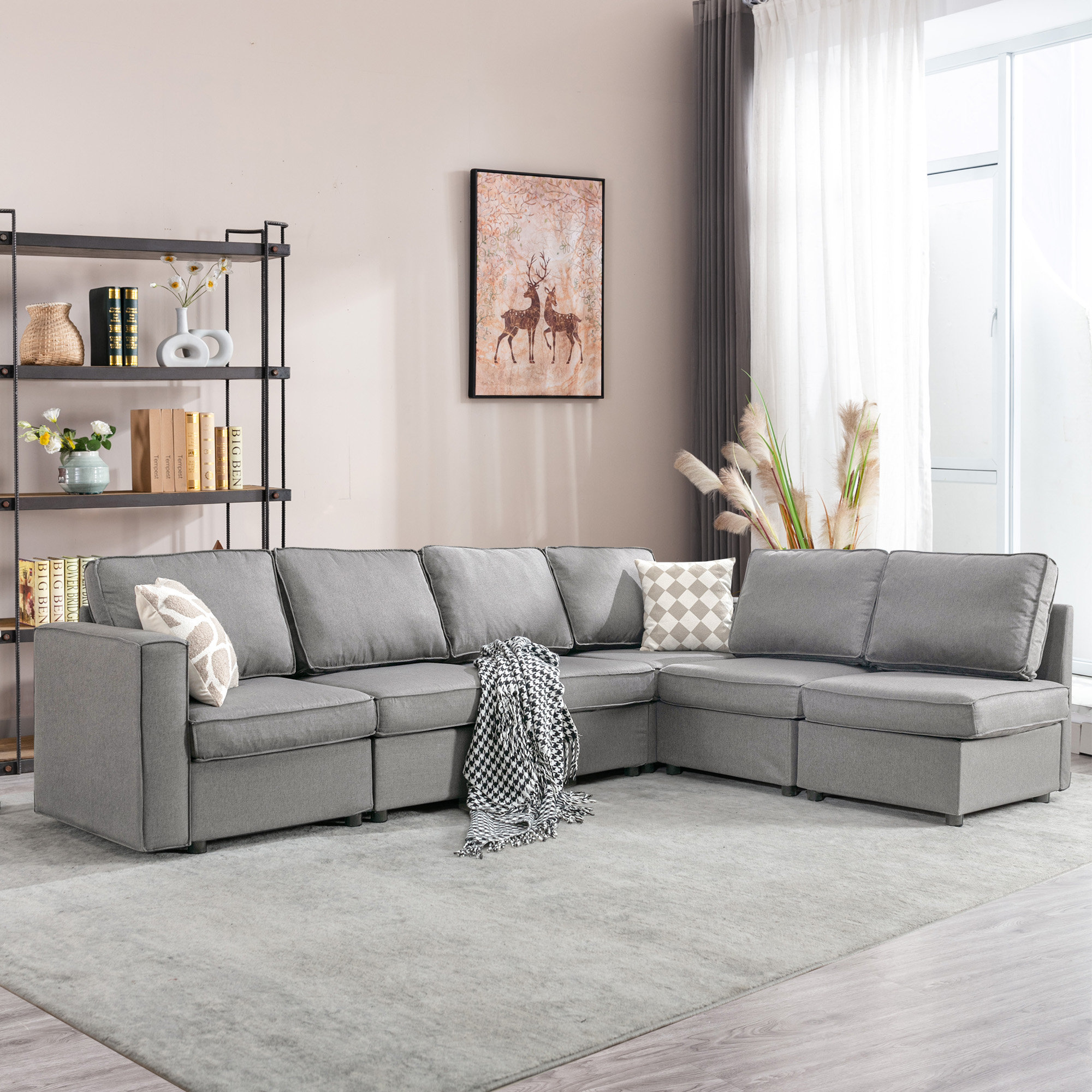 Ebern Designs Bermea 6Piece LShaped Soft Fabric Cushion Back Modular