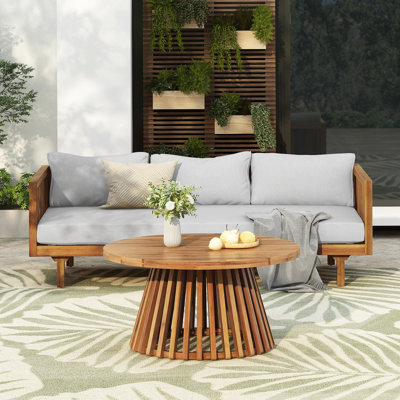 Ensemble de meubles de patio en bois d'acacia, lit de jour d'extérieur 3 places (avec coussins épais résistants à l'eau) et table basse ronde, coussin gris clair