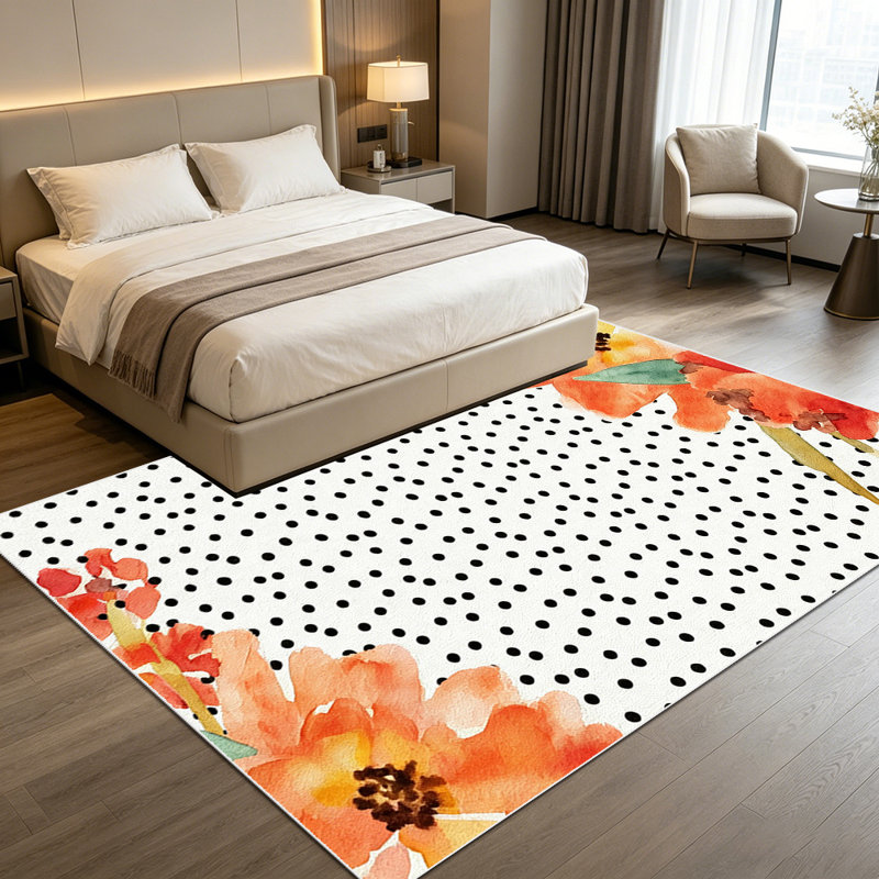 1PC Watercolor Orange Floral Polka Dot area rugs for Living Room, Soft, All seasons, Easy-maintain, Washable Indoor mat, Farmhouse suitable for dining table, kitchen, bedroom, entryway, patio, Home Decor, Outdoor Decor
