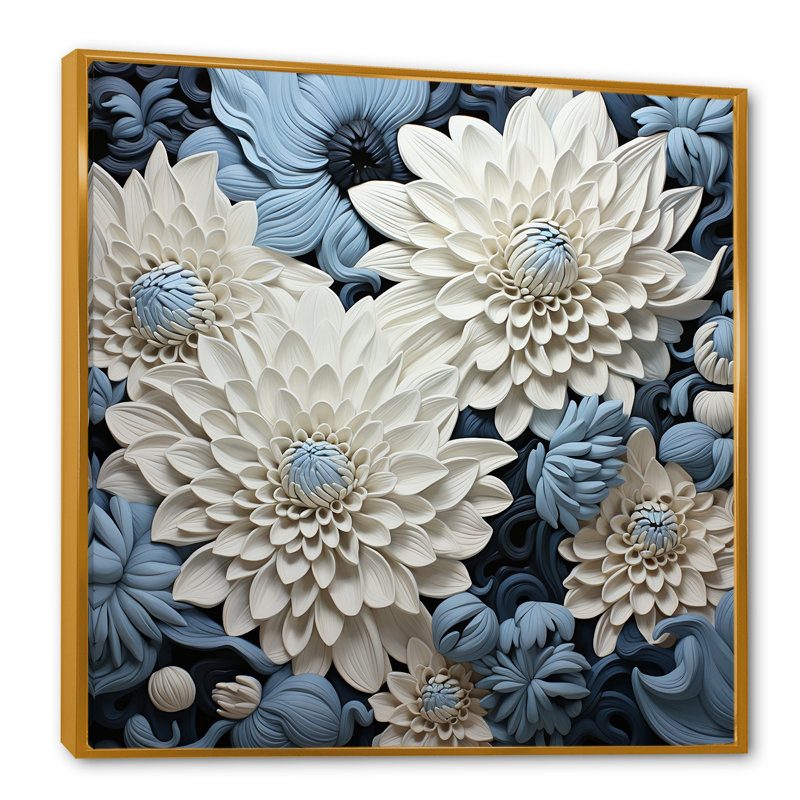 "Graceful Mums" noir et bleu pâle, peinture III sur toile, Cadre flottant doré, H 16 po x l 16 po x P 1 po