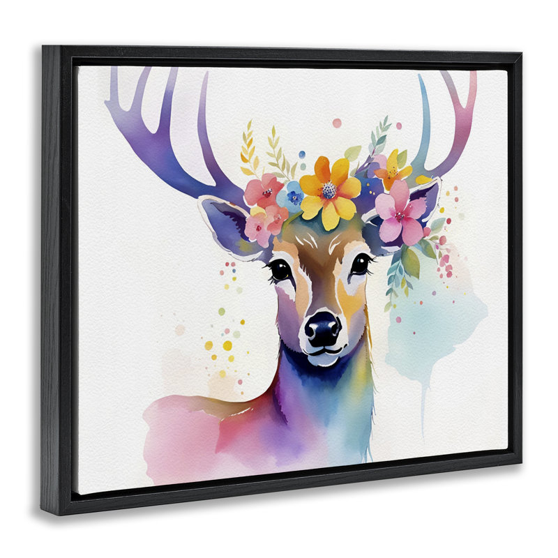Art floral sur toile encadrée de cerfs par Amber Clarkson, Cadre flottant noir de jais, H 17 po x l 21 po
