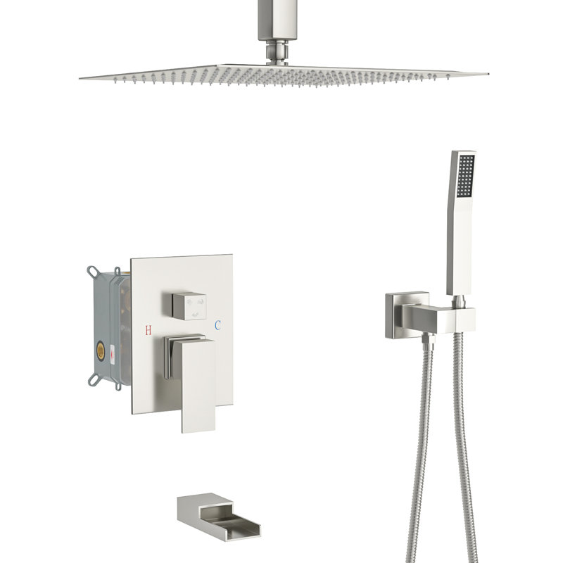 Brushed Nickel Shower System - 12" Ceiling Mount Square Waterfall Tub Spout 3 Function, Rainfall & Handheld Valve Uncomplicated Installation Clean In Easy And Cleanliness Featurette