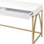 Bureau d'écriture rectangulaire avec tiroirs, blanc brillant et finition dorée, base en métal ouverte, idéal pour le bureau à domicile ou le bureau