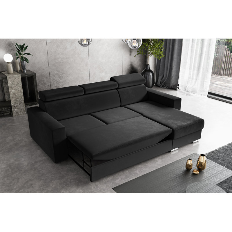 Philbert Corner Sofa Bed, Black Polyester, Right Hand Facing