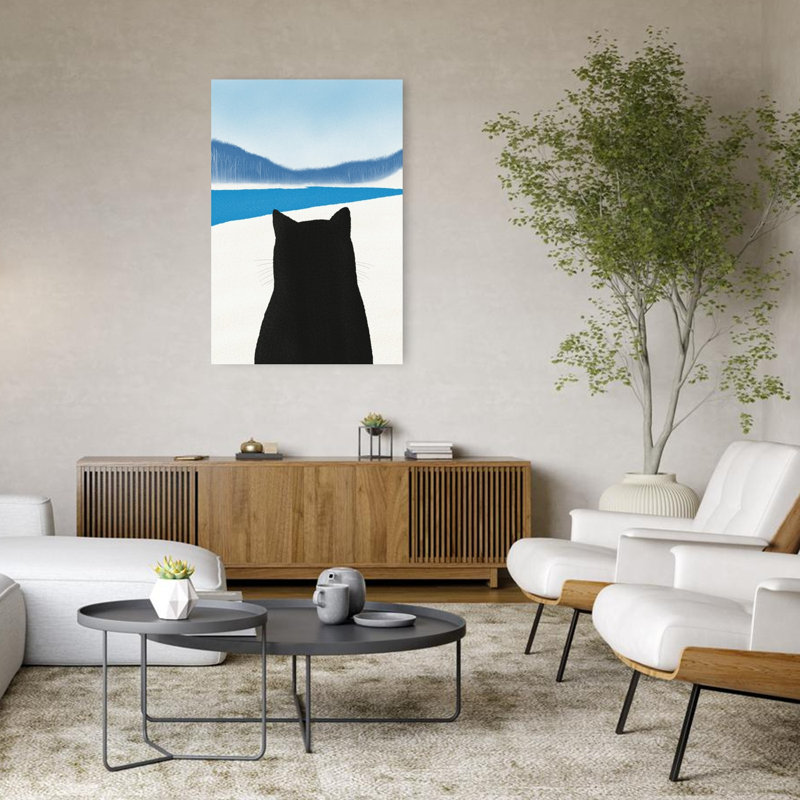 «Black Cat Winter View Minimalist Peaceful Serene Cat Landscape Mountain», reproduction d'art murale, H 48 po x l 32 po