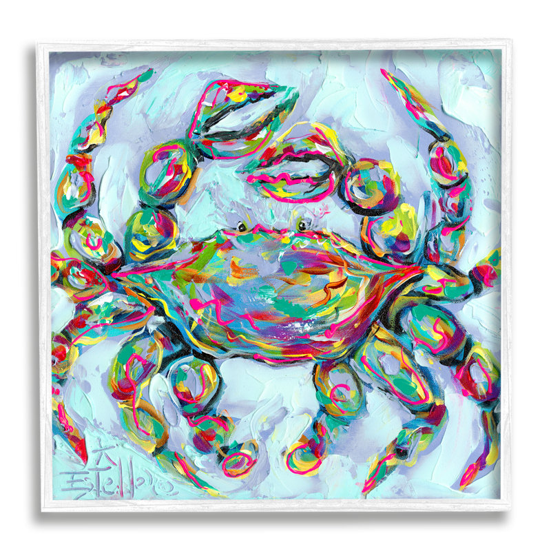 Az-977 - Portrait de crabe moderne encadré sur toile par Estelle Grengs, Estampe numérique encadrée blanc bord de mer
