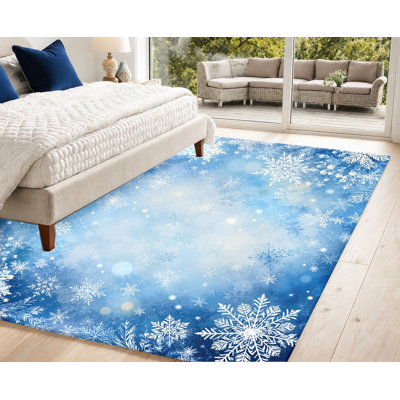 Tapis lavable à la machine à motif de flocons de neige d'hiver avec envers antidérapant, tapis de sol à motif de flocons de neige blanc et bleu, décoration intérieure confortable pour le salon, la chambre à coucher, l'entrée, la cuisine, appartement