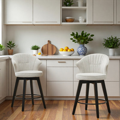 Wing Back Swivel Bar Stools (Set Of 2), 25" Counter Height Adjustable, Chenille Upholstery With Solid Wood Legs, Leveling Feet For Kitchen Island, Home Pub, Or Dining Room (White) | Gift Idea