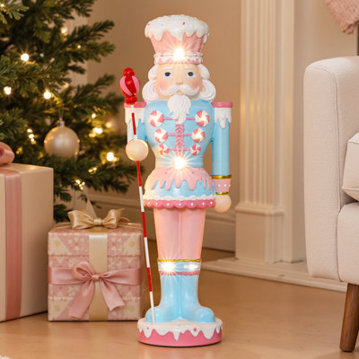 Soldat Casse-Noisette rose lumineux de 1,13 m avec sceptre en forme de canne à sucre, décoration de Noël en MgO