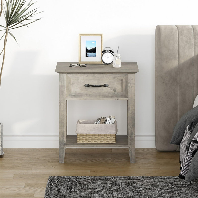 48cm W Solid Wood Bedside Table, Grey