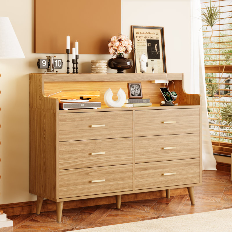 6 Drawer 120Cm W Double Dresser, Natural Oak