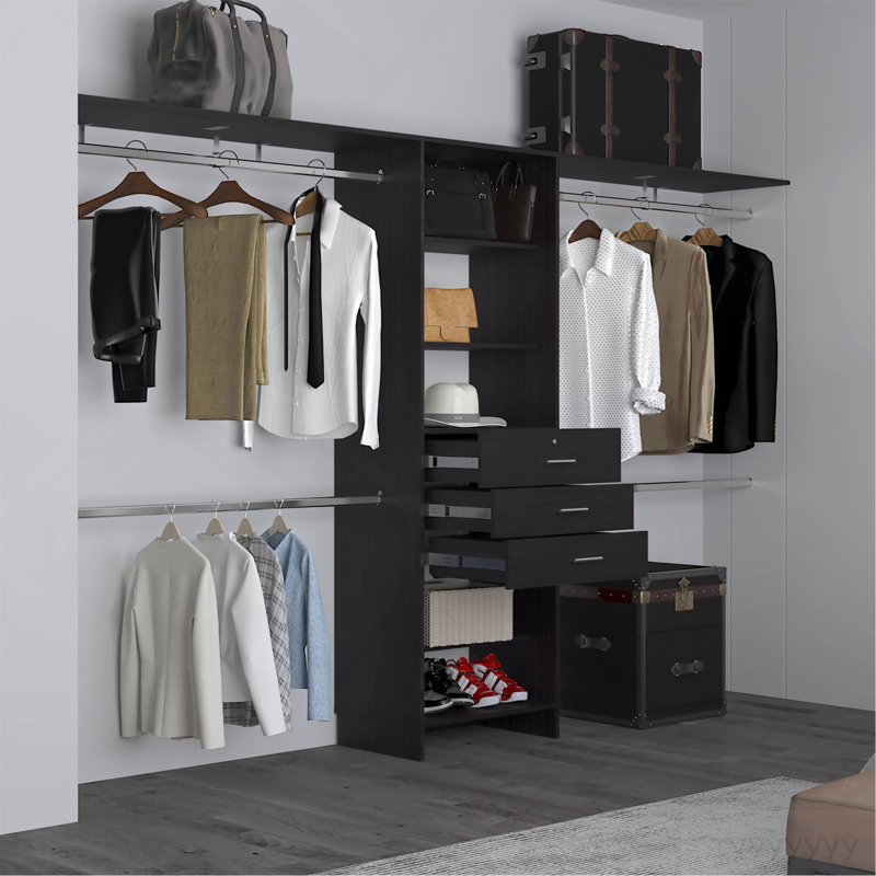 Closet System, 3 Drawers, 5 Shelves, Black