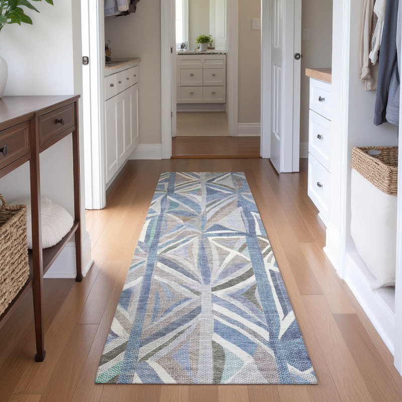 Premium Machine Washable Mayfield AMF2253 Geometric Rug, Denim, 2'3" x 7'6" Runner