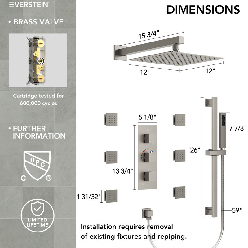 Thermostatic Shower System,12" High-Pressure Rainfall Shower Faucet With Rough-In Valve, Brushed Nickel