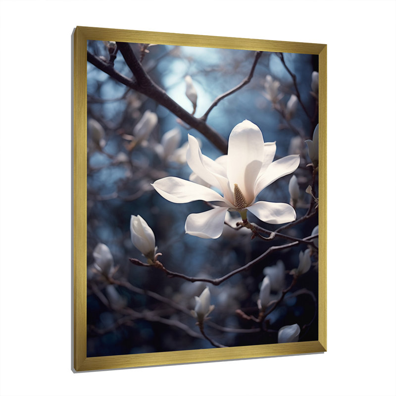 Blanc, bleu, magnolia, paysage, élégance, H 40 po x l 30 po x P 1,5 po, Cadre doré à une seule photo