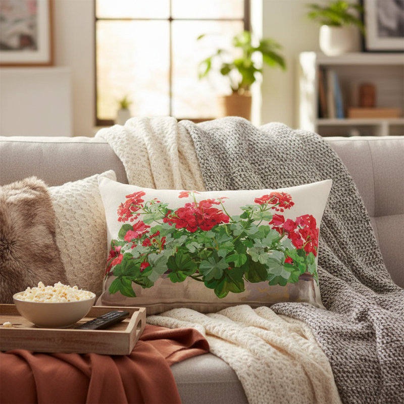 Oreiller floral manuel 13 po x 18 po manuel en bois de géranium rouge