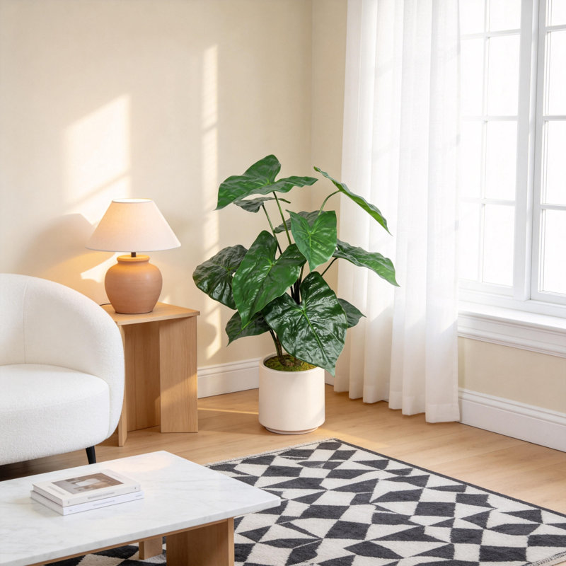 30 po Alocasia artificielle avec pot blanc (ensemble de 2), plante artificielle tropicale réaliste pour la décoration intérieure, le salon, la chambre à coucher et le bureau