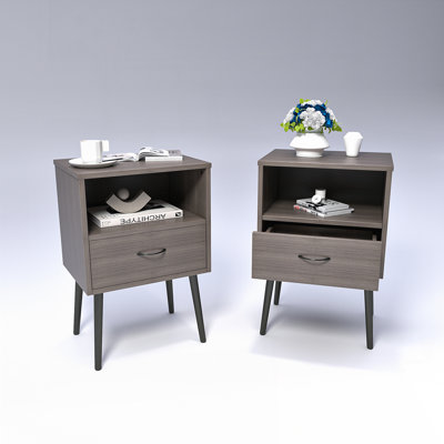 Ensemble de 2 tables de chevet modernes avec tiroir de rangement et tablette ouverte en bois, chêne gris