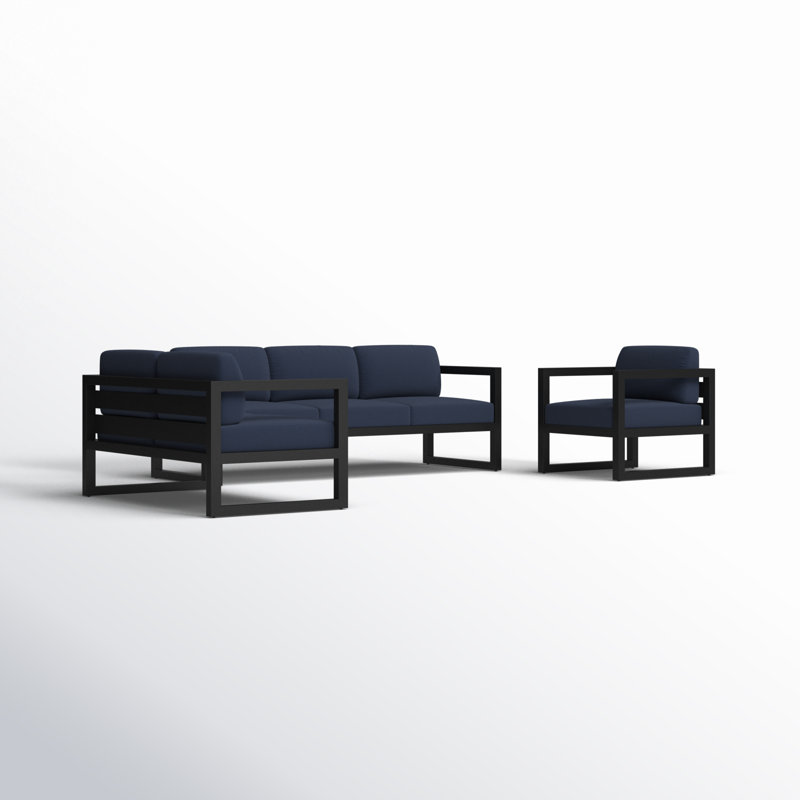 Avion 3 Piece Sofa Loveseat Set, Spectrum Indigo Sunbrella®, Black