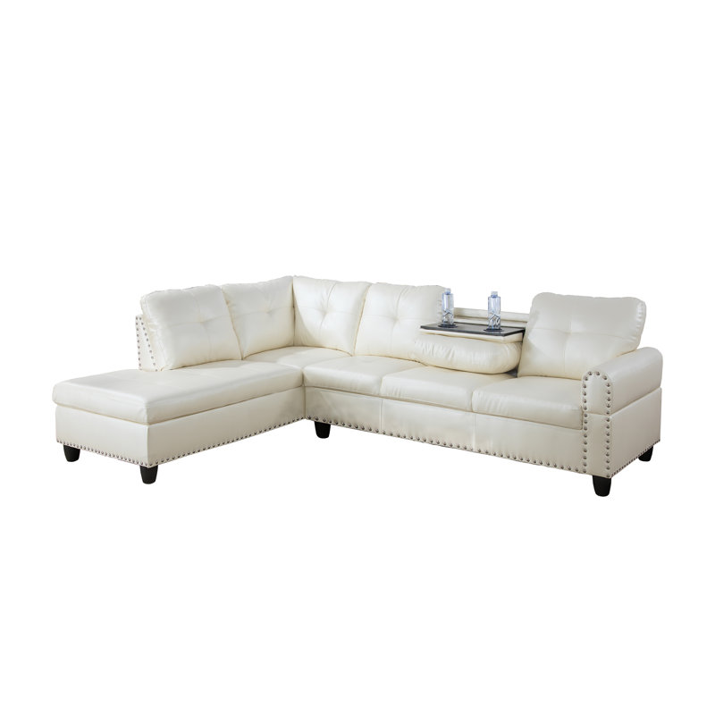 Ensemble de canapé modulaire en similicuir blanc 2 pièces avec méridienne, Accoudoir à gauche (vu de face)