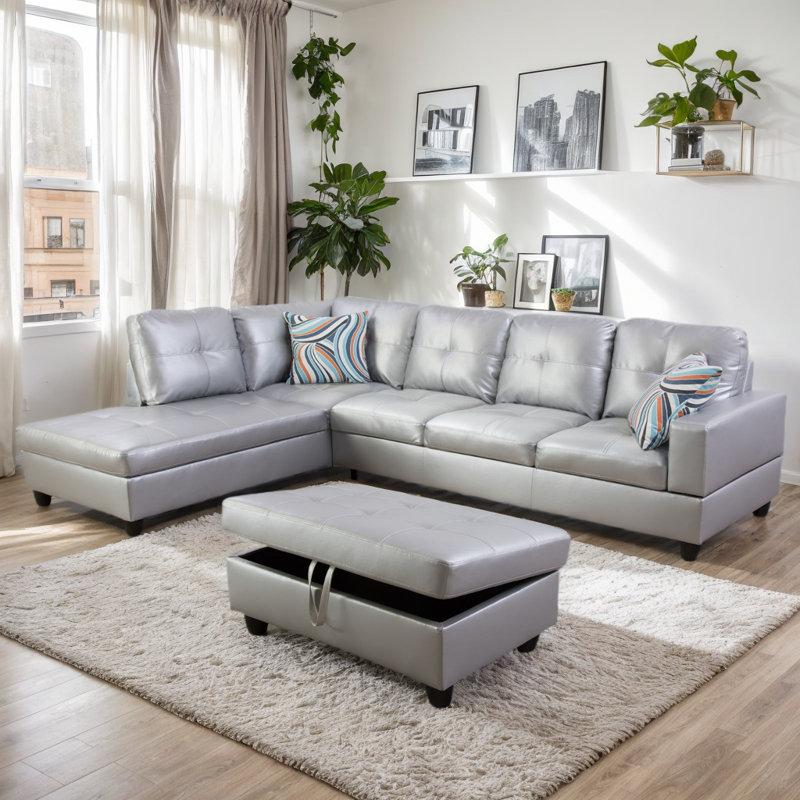 Canapé et chaise longue avec repose-pieds Beesley, Orienté à gauche (vu de face), Similicuir argent, Noir