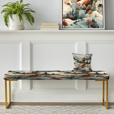 Mountain Cabin Rustic Landscape - Floral Upholstered Gold Bench