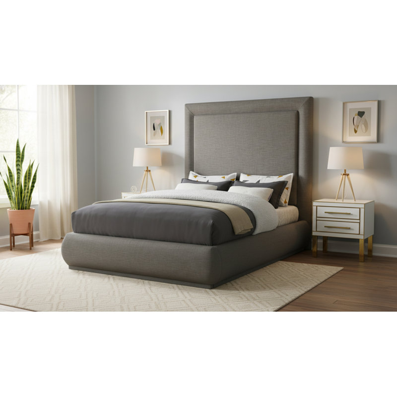 Prudhoe Upholstered Platform Bed, Grey Linen Textured Fabric, King