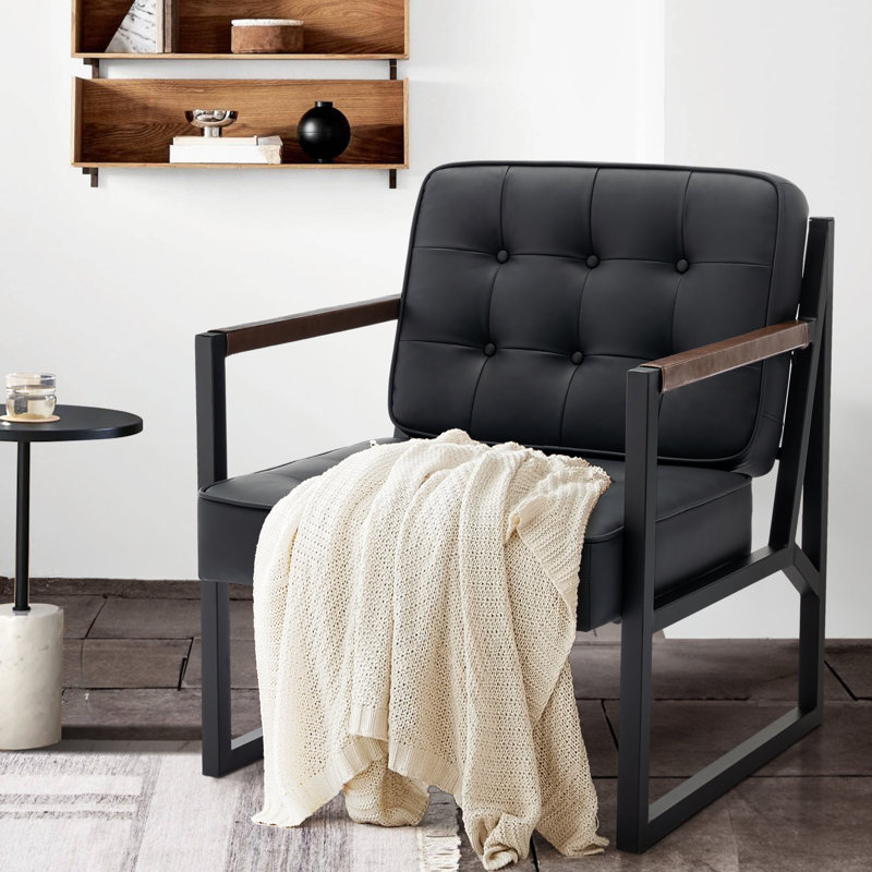 Ebern Designs Modern Faux Leather Tufted Back Accent Chair with Metal ...