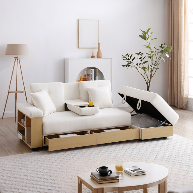 Canapé-lit convertible avec boîte et tiroir, 2 porte-gobelets, Beige