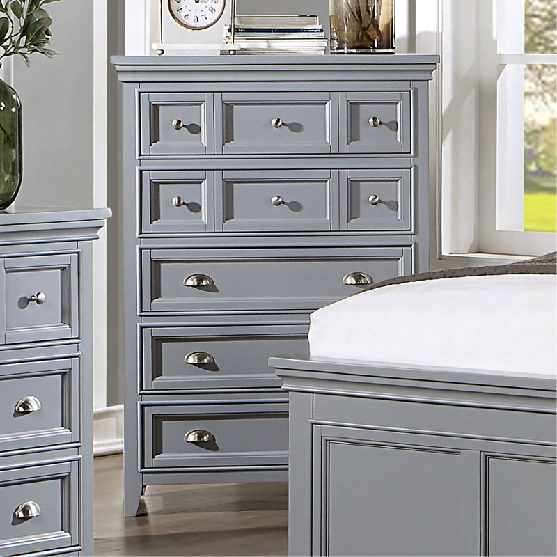 Commode de style transitionnel 1Pc Commode 9 tiroirs et boutons ronds en feutre avec tiroirs à roulement à billes à finition grise
