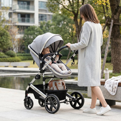 Convertible Baby Stroller for Travel, Folding High Landscape Infant Carriage,Gray