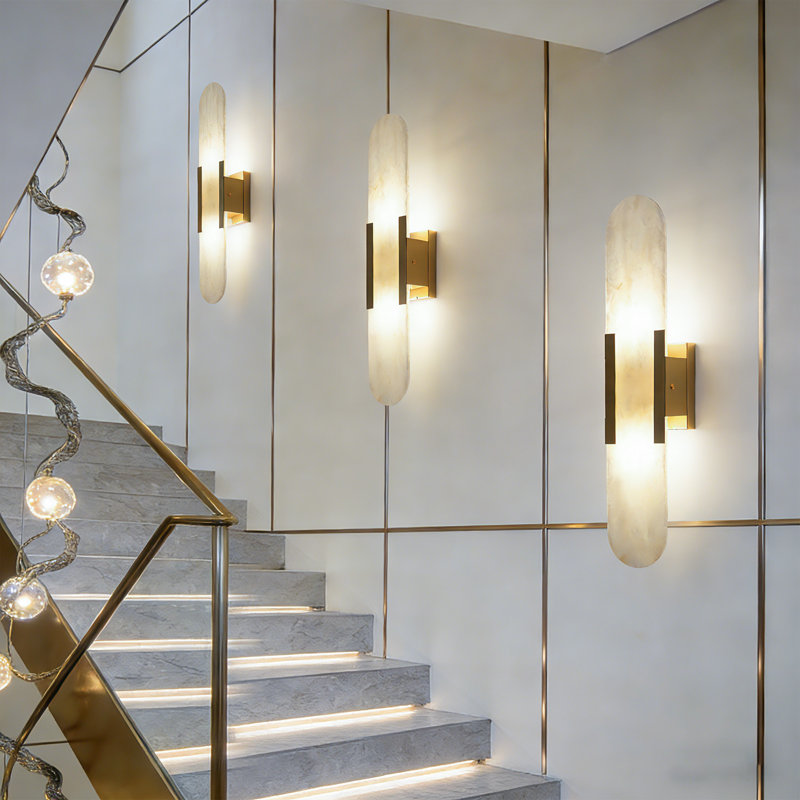Modern 2-light Led Wall Sconce Set Of 2, Natural Alabaster Stone Wall Light Fixture For Bedroom Living Room Hallway, Gold