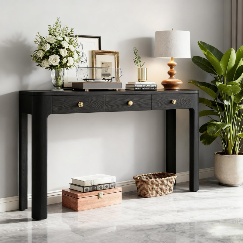 Console rustique avec coins arrondis pour la sécurité, table d'entrée avec 3 tiroirs dissimulés, Noir
