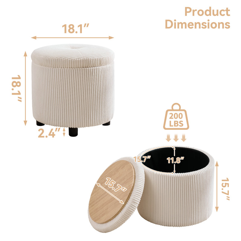 Round Corduroy Storage Ottoman with Reversible Tray Lid, White
