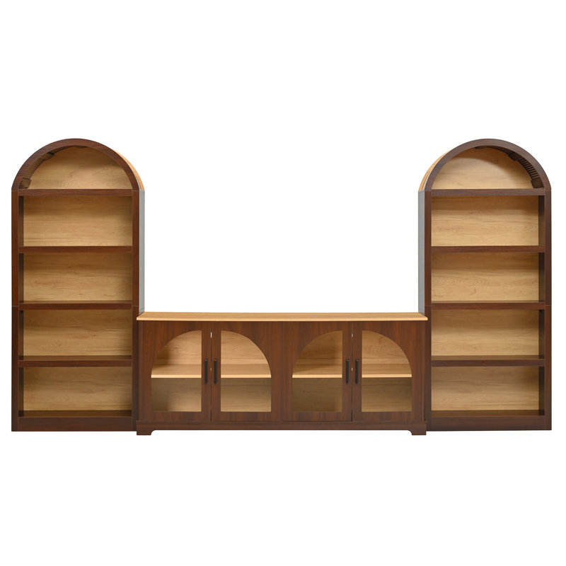Ensemble de meuble télé rétro 3 pièces avec bibliothèque pour téléviseurs jusqu'à 70 pouces, Dark Brown Wood