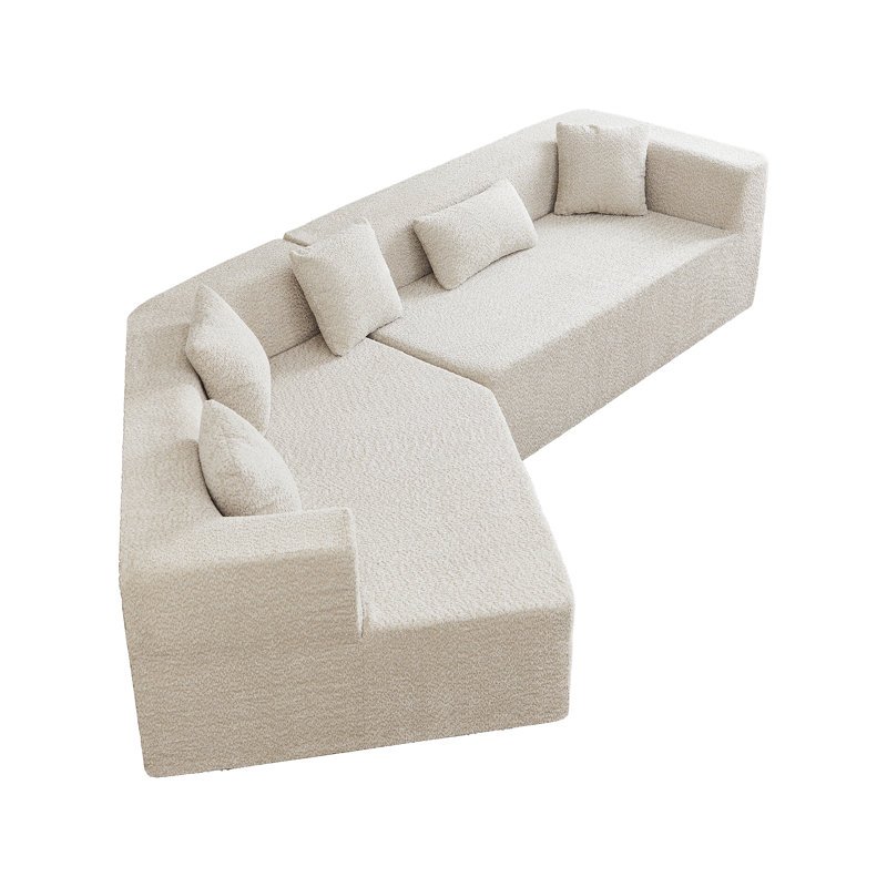 Modern Minimalist Curved Sofa With With 5 Pillows, Khaki Boucle